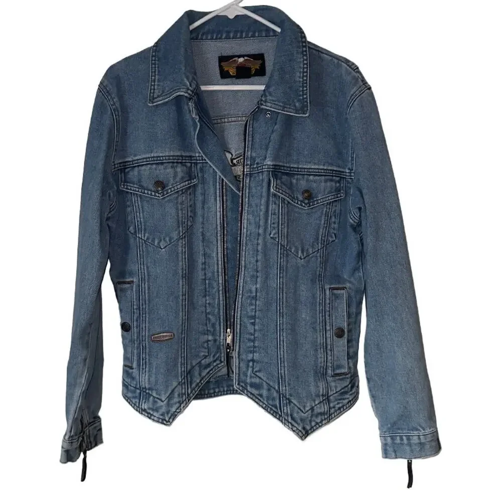 Vintage Harley Davidson Light Wash Back Patch Logo Denim Jean Jacket Women's Med - Picture 1 of 9